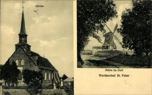 Ak Sankt Peter Ording in Nordfriesland, Blick auf die Kirche, Windmühle im Dorf