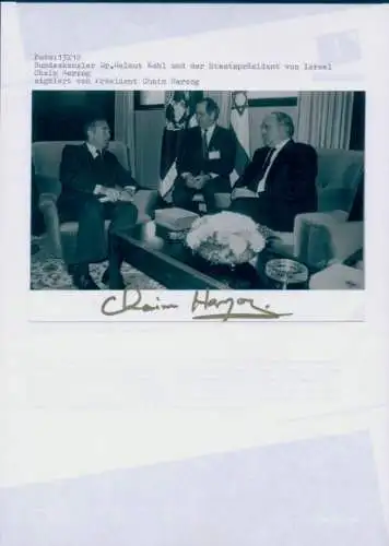 Foto Bundeskanzler Helmut Kohl, Staatspräsident von Israel Chain Herzog, Autogramm