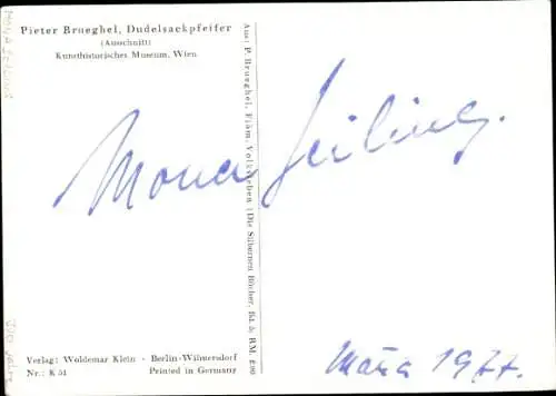 Ak Schauspielerin Mona Seiling, Pieter Brueghel Dudelsackpfeifer, Autogramm