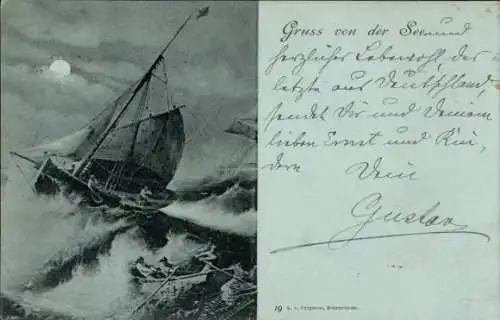 Mondschein Ak Seenotrettung, Rettungsboot, Stürmische See