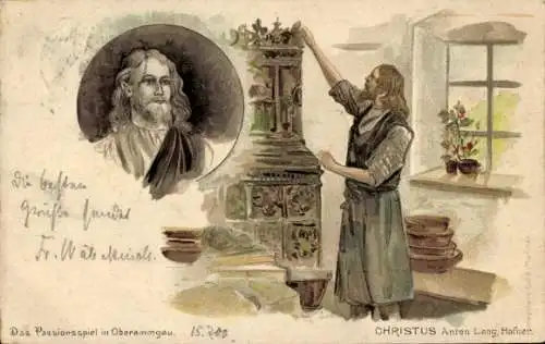 Litho Oberammergau in Oberbayern, Passionsspiel, Christus, Schauspieler Anton Lang