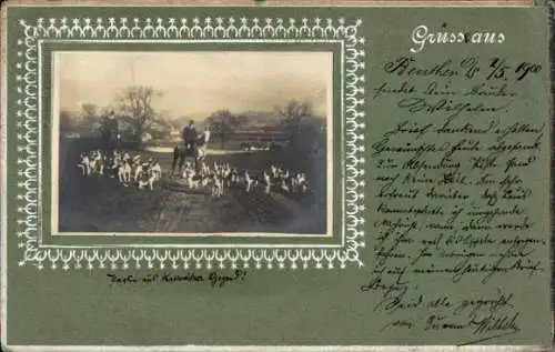 Präge Passepartout Ak Jäger zu Pferde, Jagdhunde, Jagd