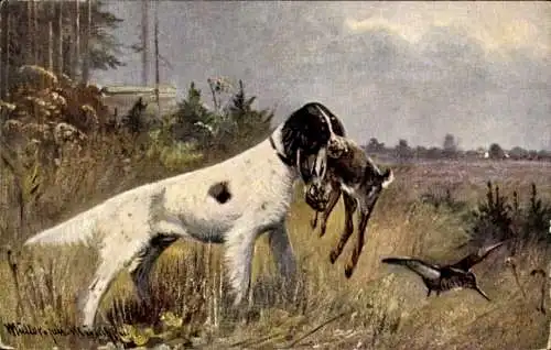 Künstler Ak Müller, Jagdhund mit erlegtem Hasen, Vogel