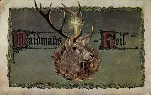 Ak Waidmans-Heil, Hirsch, Hirschgeweih, Jagd