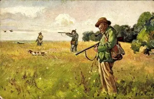 Künstler Ak Jagdszene, Jäger, Wiese, Jagdhunde