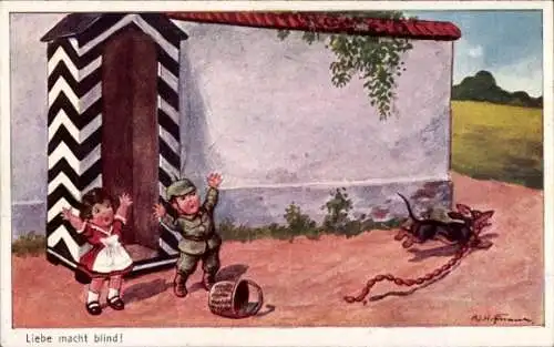 Künstler Ak Hoffmann, Ad., Kinder, Liebe macht blind, Dackel klaut Würste