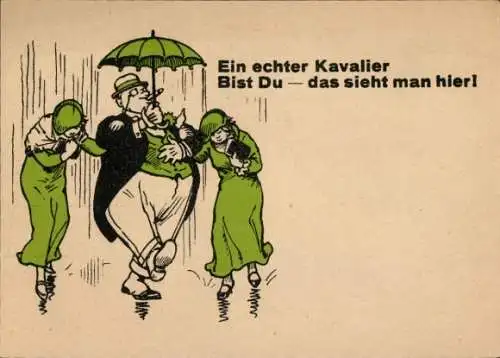 Ak Mann unter Regenschirm, Frauen laufen im Regen, Echter Kavalier