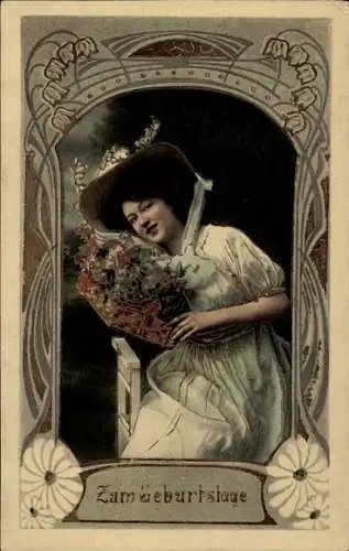 Passepartout Ak Glückwunsch Geburtstag, Frau mit Blumenstrauß