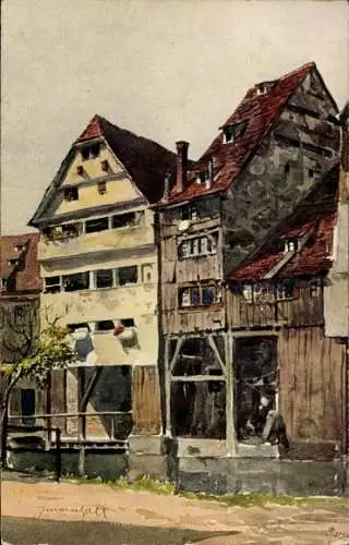 Künstler Ak Marschall, J., Ulm an der Donau, Gerberhäuser, Blau