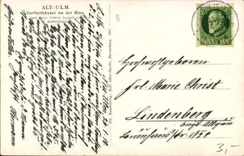 Künstler Ak Marschall, J., Ulm an der Donau, Gerberhäuser, Blau