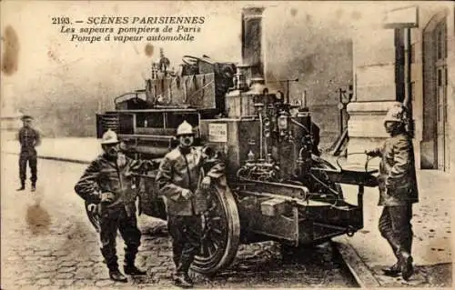 CPA Paris, Les sapeurs pompiers, Pompe a vapeur automobile