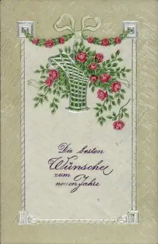 Präge Ak Fröhliches Neujahr, Blumenkorb, Rosen
