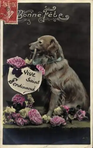 Ak Glückwunsch, Hund mit Blumenkorb