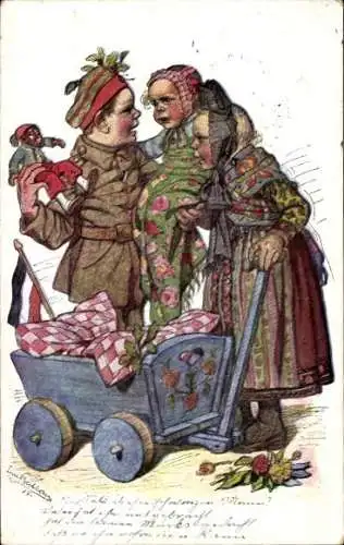 Künstler Ak Beithan, E., Junger Soldat kehrt zurück, Familie, Hessische Tracht