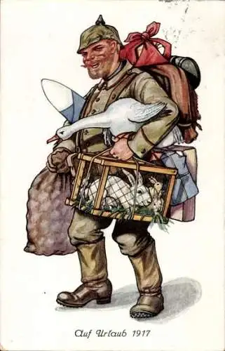 Ak Deutscher Soldat auf Urlaub, Kaninchen, Gans, Gepäck, Jahr 1917