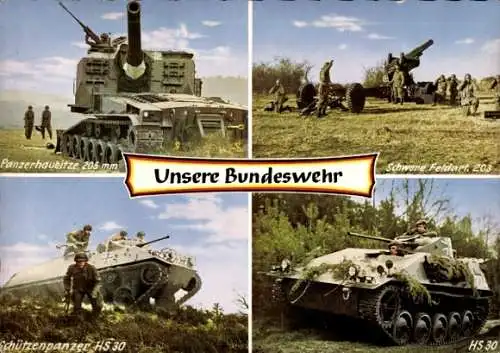 Ak Bundeswehr der BRD, Panzerhaubitze, Schwere Feldartillerie, Schützenpanzer HS 30, Soldaten