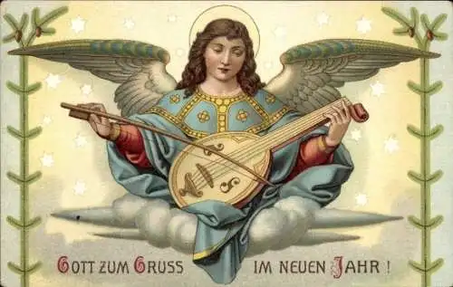Ak Gott zum Gruß im neuen Jahr, Ein Engel mit einer Laute