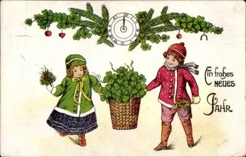 Ak Glückwunsch Neujahr, Uhr, Zifferblatt, Kleeblätter, Kinder 