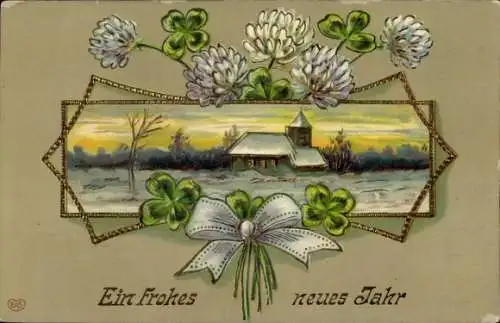 Präge Ak Glückwunsch Neujahr, Blumen, Glücksklee