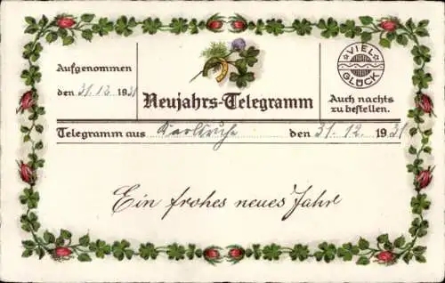 Ak Glückwunsch Neujahr, Telegramm, Glücksklee, Marienkäfer, Hufeisen