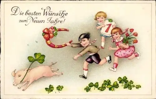 Ak Glückwunsch Neujahr, Kinder, Schwein, Glücksklee, Hufeisen