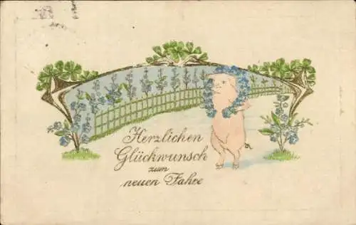 Präge Ak Glückwunsch Neujahr, Schwein, Glücksklee