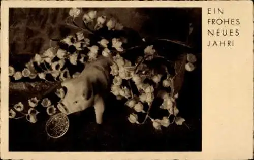 Ak Glückwunsch Neujahr, Schwein, Blumen, Münze