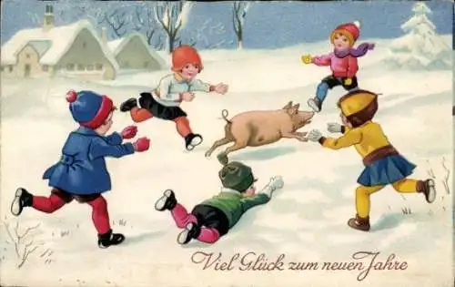 Ak Glückwunsch Neujahr, Kinder, Schwein, Schnee