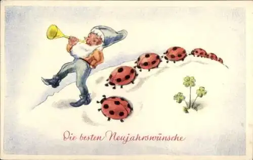 Ak Glückwunsch Neujahr, Zwerg, Marienkäfer, Glücksklee