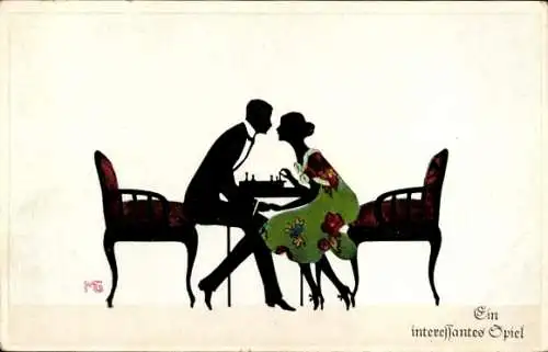 Scherenschnitt Künstler Ak Graf, M., Ein interessantes Spiel, Liebespaar