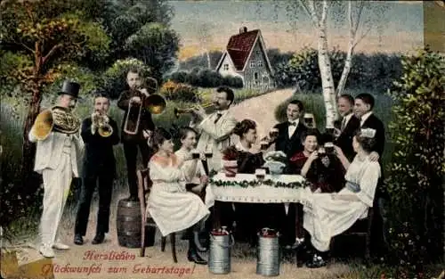Ak Glückwunsch Geburtstag, Musizierende Männer, Menschen am Tisch, Bier