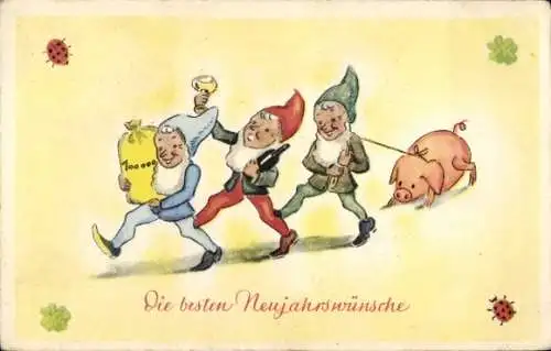 Ak Prosit Neujahr, Zwerge, Geldsack, Sekt, Schwein, Klee, Marienkäfer