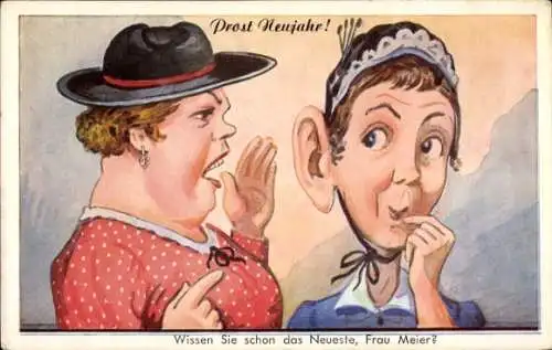 Künstler Ak Wissen Sie schon das Neueste, Frau Meier, Frauen tratschen