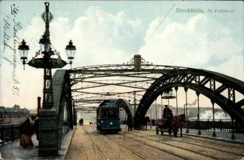 Ak Stockholm Schweden, Brücke St. Eriksbron, Straßenbahn, Wasser, Metallstruktur, Wolken