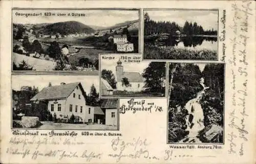 Ak Český Jiřetín Georgendorf im Erzgebirge Region Aussig, Totale, Kirche, Wasserfall, Gasthof