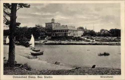 Ak Mrzeżyno Ostseebad Deep Pommern, Strandhotel,  segelnde Boote, ruhige Landschaft