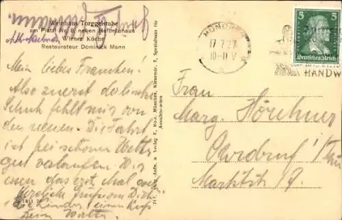 Ak München, Hofbräuhaus, Restaurantansicht, Tische mit weißen Tischdecken, Kronleuchter, gemus...