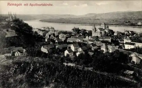 Ak Remagen am Rhein, Panorama von  Apollinariskirche, Fluss