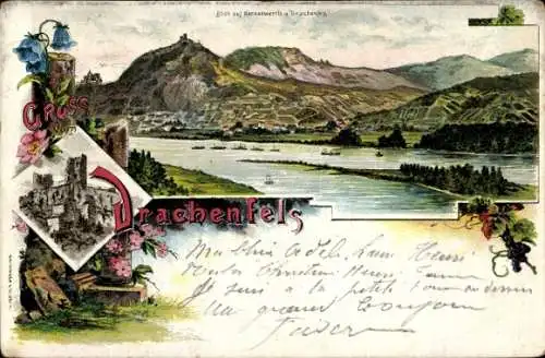 Litho Königswinter am Rhein, Drachenfels, Drachenburg