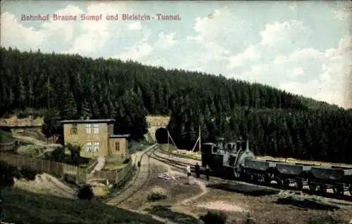 Ak Blankenburg am Harz, Bahnhof Braune Sumpf und Bielsteintunnel, Harz Zahnradbahn