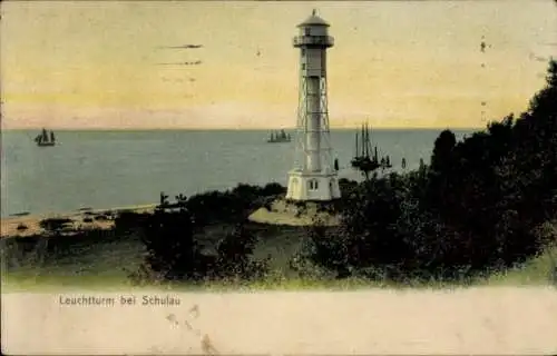 Ak Schulau Wedel an der Elbe, Leuchtturm, Schiffe, Meer, Küste