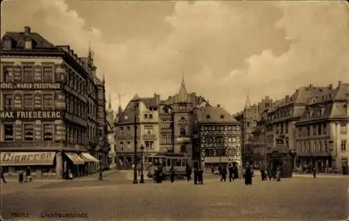 Ak Mainz am Rhein, Liebfrauenkirche, Geschäft Max Friedeberg, Straßenbahn