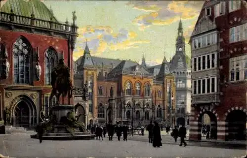 Ak Schnoor Bremen, Marktplatz mit Kaiser-Wilhelm-Denkmal, historische Architektur, Menschen