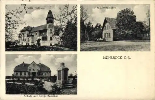 Ak Ołobok Mühlbock Schlesien, Waldschlösschen, Villa Halpaus, Schule, Kriegerdenkmal