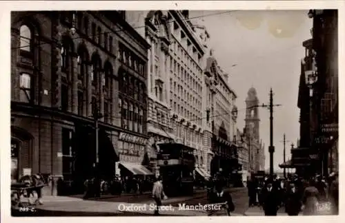 Ak Manchester England, Oxford Street,  Gebäude, Straßenbahn, Menschen