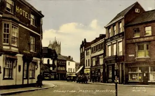 Ak Melton East Midlands England, Hotel, Cheapside, Pferdefuhrwerk, Geschäfte, Stadtansicht