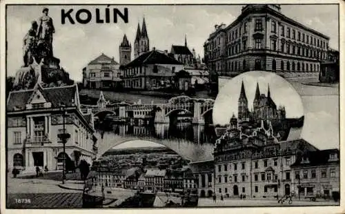 Ak Kolín Köln an der Elbe Mittelböhmen, Schwarz-Weiß-Bilder, Stadtansichten, historische Gebäu...