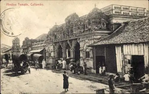 Ak Colombo Ceylon Sri Lanka, Hindoo Temple, Pferdewagen, Menschen, Markt