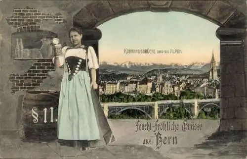 Ak Bern Stadt Kanton Bern, Berg Gurten, $11, Kornhausbrücke und die Alpen, feucht-fröhliche Gr...