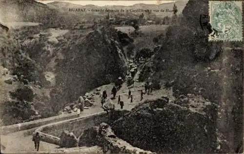 Ak Huaraz Peru, Schlucht, Menschen, Berglandschaft, Postkarte, historische Darstellung